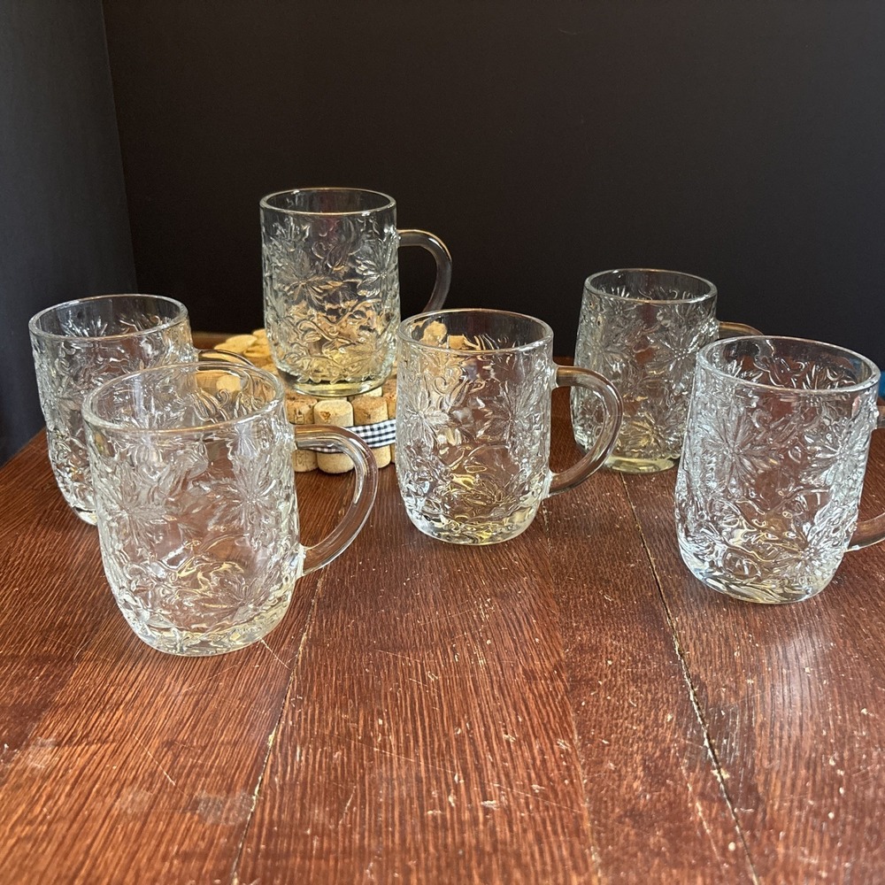 VTG Princess House Fantasia Poinsettia Crystal Glass Coffee Mugs #516 Set Of 6